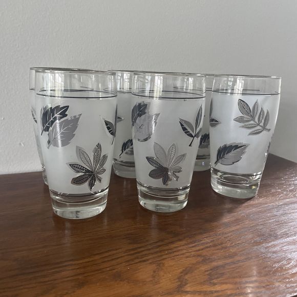 Vintage‎ 1960s Libbey Frosted Silver Leaf Juice Glasses Set Of 6 - Picture 1 of 4